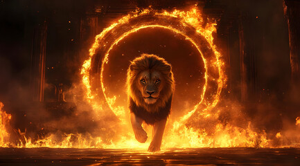 A majestic lion emerging through a fiery portal, exuding power and dominance in a breathtaking display of strength and beauty.