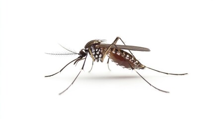 A single Aedes mosquito resting on a plain white background, showcasing its fine details, including its proboscis and wing veins, against the clean, uncluttered setting.