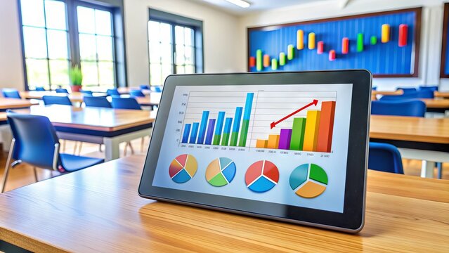Colorful dashboard displays student performance metrics and learning patterns on a tablet screen, illustrating the power of educational data analysis in a modern classroom setting.