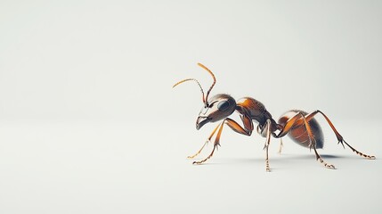 Fototapeta premium A single ant positioned on a plain white background, emphasizing the small yet complex features of the insect, with a focus on its antennae and legs.