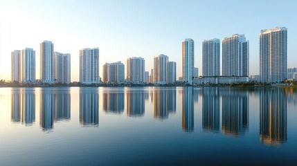 Obraz premium A stunning view of alternating tall and short buildings along a riverside, reflected perfectly in the water. The clear sky above adds depth and brightness to the image.