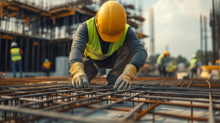 A construction worker is working on the steel rebar at an industrial building site, wearing a yellow safety helmet and green vest in a close-up view. 