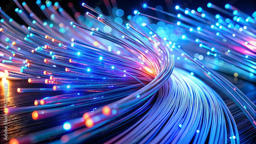 Poster colorful fiber optic cables with glowing blue lights transmitting data through a complex network of 