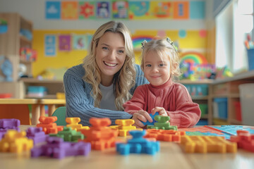 Teacher and toddler playing with maths puzzle game sitting on the table at kindergarten.