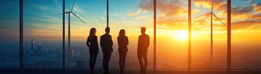 Fototapeta premium Business Team in Modern Office with Panoramic City View and Wind Turbines at Sunset
