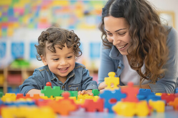 Fototapeta premium Teacher and toddler playing with maths puzzle game sitting on the table at kindergarten.