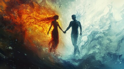 Fototapeta premium Abstract art depicting a fiery woman and a watery man holding hands, representing the yin-yang of impatience and calmness, captured in an ethereal and dynamic scene.