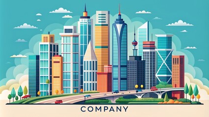 Obraz premium Colorful flat design illustration of a modern cityscape with sleek skyscrapers, roads, and bridges, incorporating a stylized company logo in the center.