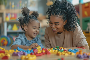 Teacher and toddler playing with maths puzzle game sitting on the table at kindergarten.