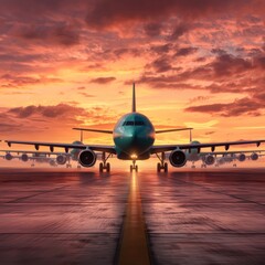 A stunning sunset view of an airplane on the runway, reflecting the vibrant colors of the sky, evoking travel and adventure.