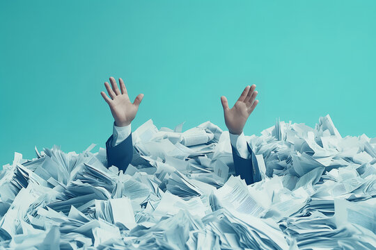 Hands of a businessman emerge from a pile of paperwork, symbolizing the burden of overwork