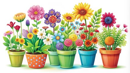 Obraz premium Colorful illustration of assorted flower pots in various shapes and sizes, adorned with vibrant flowers, leaves, and stems, set against a clean white background.