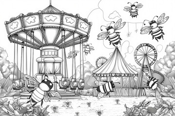 A whimsical black and white illustration of a carnival scene with buzzing bees around a carousel and a Ferris wheel, capturing a playful atmosphere.