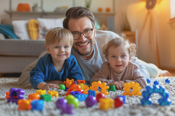 Fototapeta premium A father happily teaches his children to play with toys inside the house.