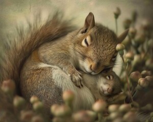 AI generator image of a little squirrel playing in a log, nest in a tree, near a waterfall