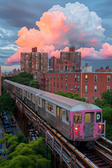 Obraz premium A subway train travels through an urban environment with tall buildings and dramatic clouds in the background