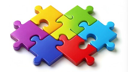 Obraz premium Colorful interchangeable four-piece puzzle fitted together seamlessly on a white background, forming a complete abstract shape with bold lines and vibrant colors.