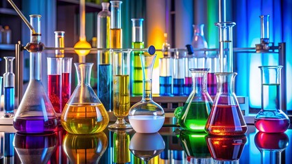 Colorful laboratory setup with beakers, test tubes, and flasks containing sulfuric acid, showcasing chemical reactions and scientific experimentation in a controlled environment.