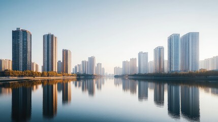 Naklejka premium Tall, modern buildings reflected in a wide, calm river, with the clear sky above adding to the serene scene. The image shows a perfect blend of nature and architecture.