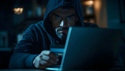 A mysterious figure in a hoodie, focused on a laptop, creating an intense atmosphere of secrecy and digital intrigue.