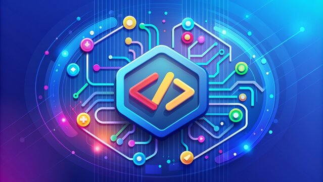 Colorful modern coding concept illustration featuring a stylized JavaScript icon surrounded by swirling code brackets and symbols on a bright blue background.