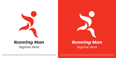 Running man logo design illustration. Silhouette of person running sport health athlete fit body condition champion fast exercise. Unique fresh minimal abstract simple creative active icon symbol.