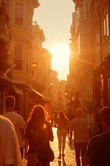 Obraz premium People walk along a busy city street during sunset creating a lively and warm urban scene with golden light.