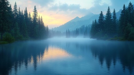 Serene landscape at dawn with mist hovering over tranquil lake surrounded by tall trees and majestic mountains in the background.