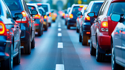 Rush-hour traffic fills the city streets as commuters head to work in the busy urban environment
