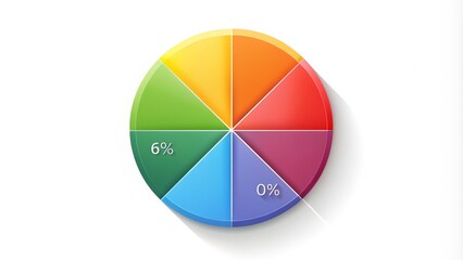 Colorful pie chart infographic icon on a white background, featuring six sections with different percentages and a subtle shadow effect for a modern appearance.