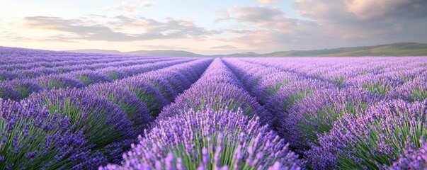 Stunning lavender field under a serene sky, showcasing vibrant purple blooms stretching into the horizon.