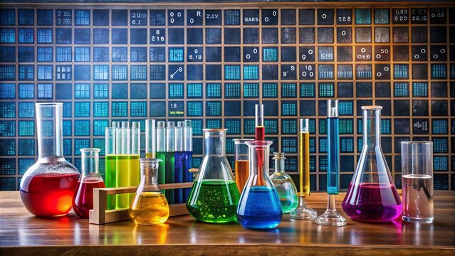 Colorful periodic table of elements displayed on a blackboard, surrounded by beakers, test tubes, and lab equipment, with a subtle background of chemistry formulas.