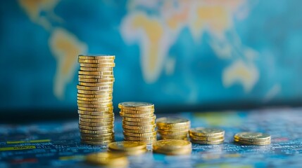 Gold Coins Stacked on a Blurred World Map Background.