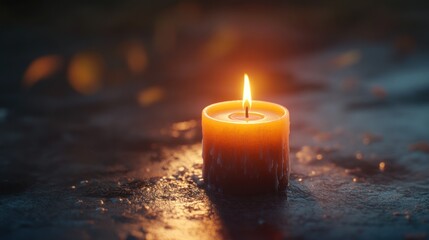 Burning Candle on a Dark Surface