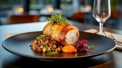 A beautifully plated dish of roasted quail, stuffed with wild rice and herbs, served with a cranberry reduction