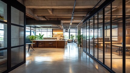 Modern office space featuring an open floor plan with glass partitions, wooden desks, and plants, creating a bright and inviting work environment.