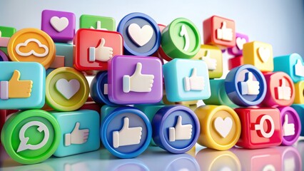 Fototapeta premium Colorful social media icons including pp symbol, likes, comments, and shares, on a modern white background, 3d illustration, digital communication concept.