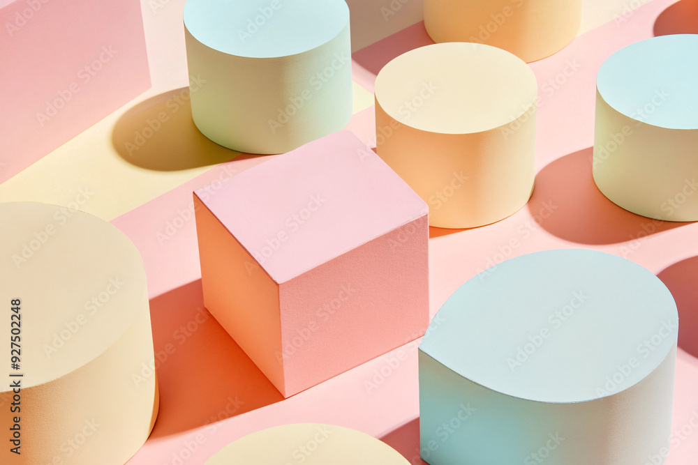 Poster a colorful array of geometric shapes, including a pink square