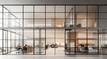 Obraz premium Modern office space with glass partition walls, wooden floors, desks with computers, and a person working in a clean, minimalist interior design setting.