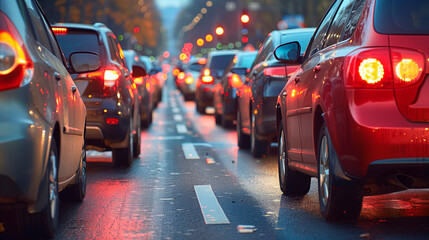 A crowded city street during rush hour with cars lined up in traffic and lights illuminating the urban landscape