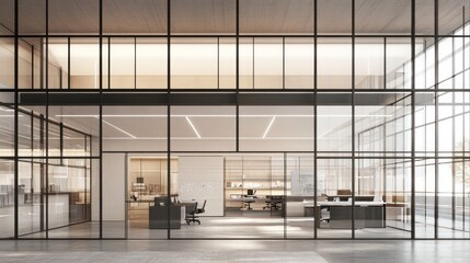 Modern office space visible through glass facade, featuring minimalist design with clean lines, desks, chairs, and subtle lighting. A contemporary, professional work environment.