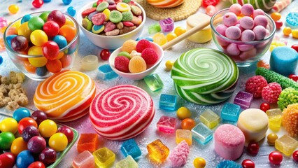 Colorful sugar crystals scattered on a white background, surrounded by assorted candies, lollipops, and sweets, creating a whimsical and playful dessert-themed still life composition.