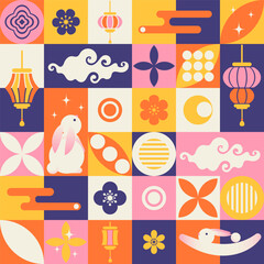 Mid Autumn festival geometric bauhaus style poster, background, banner, with flowers, rabbits, chinese lanterns
