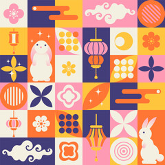 Mid Autumn festival geometric bauhaus style poster, background, banner, with flowers, rabbits, chinese lanterns