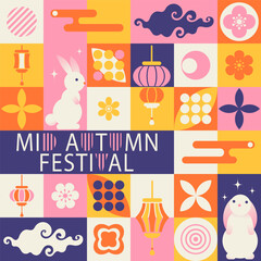 Fototapeta premium Mid Autumn festival geometric bauhaus style poster, background, banner, with flowers, rabbits, chinese lanterns