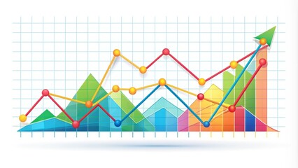 Colorful vector illustration of a dynamic line chart with rising trend, geometric shapes, and bold lines on a white background, symbolizing business growth and success.