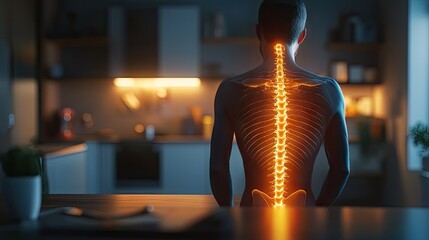 Individual in pain with a glowing spine, positioned in a blurred kitchen with a focus on the spine and home interior.