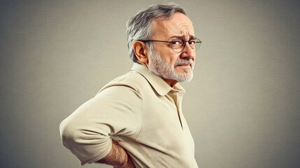 Mature man, face not visible, clutching his back in discomfort, set against a neutral background.