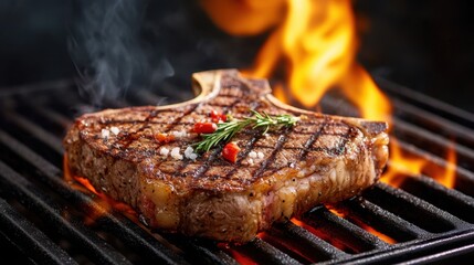 A juicy T-bone steak on a grill, with flames licking the sides and smoke rising, creating a mouth-watering aroma