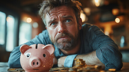 Obraz premium A broken piggy bank is placed on a table with a distressed man in the blurred background